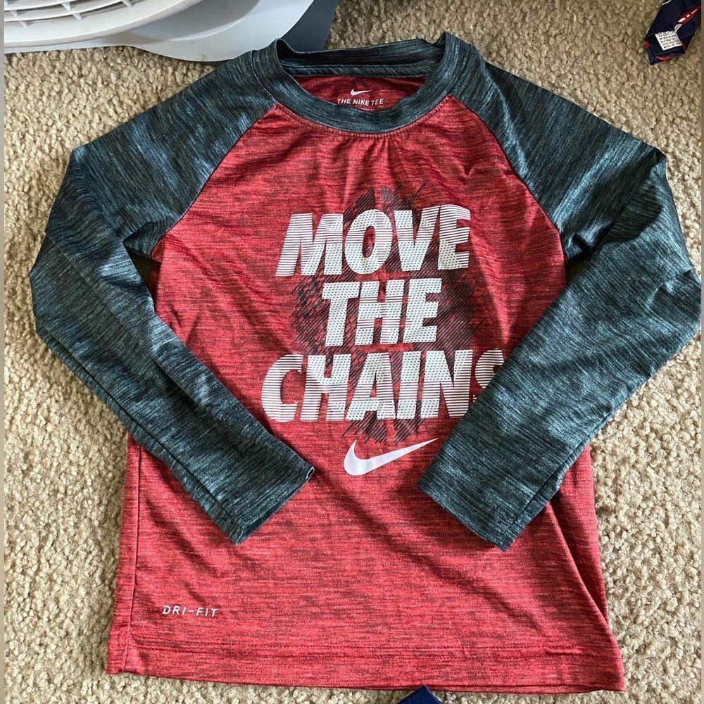 Boys Nike Dri-Fit Red and Gray Move the Chains Long Sleeve Athletic Tshirt